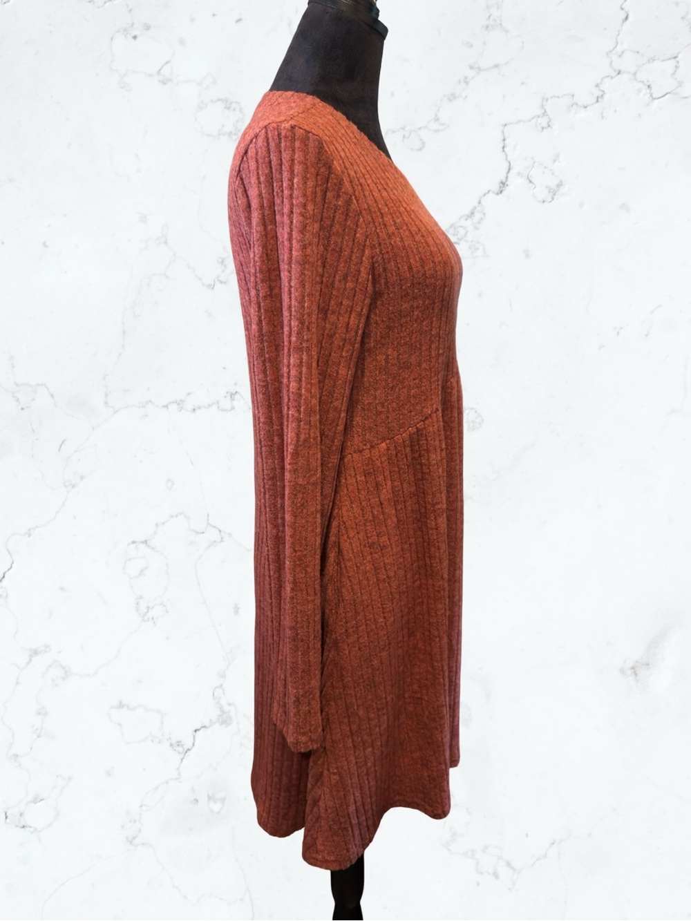 OFEEFAN Ribbed Knit Long Sleeve Tunic Dress Boho Casual Pockets Empire Waist M - Picture 8 of 13